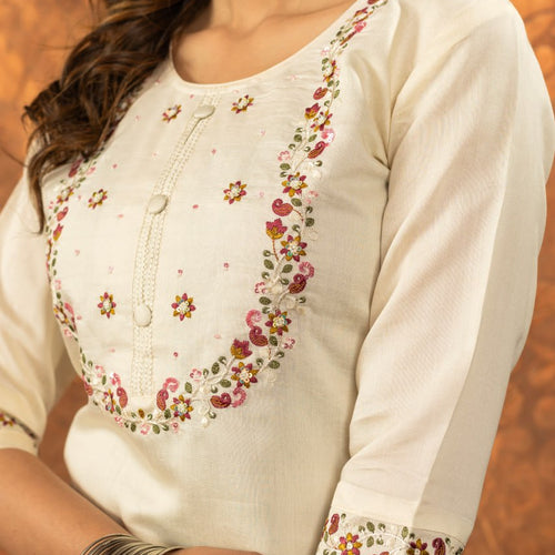 Off-White Color Embroidery Thread Work Designer Salwar Suit