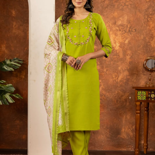 Parrot Green Color Embroidery Thread Work Designer Salwar Suit
