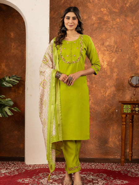 Parrot Green Color Embroidery Thread Work Designer Salwar Suit