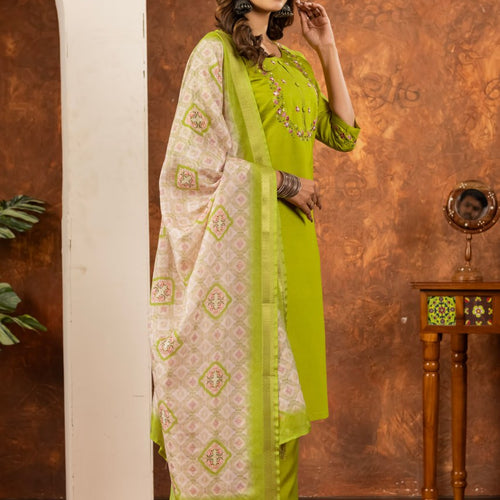 Parrot Green Color Embroidery Thread Work Designer Salwar Suit
