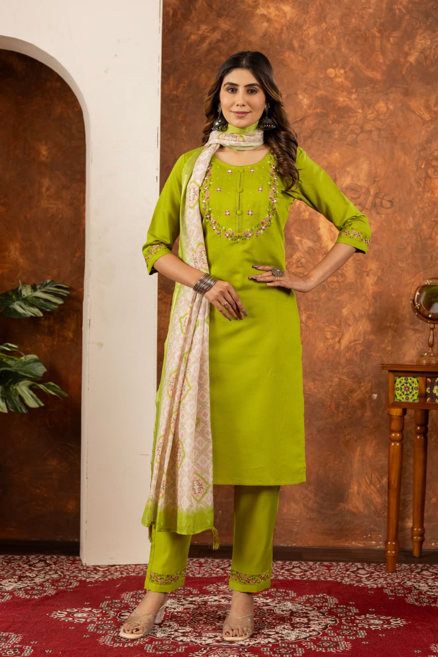 Parrot Green Color Embroidery Thread Work Designer Salwar Suit