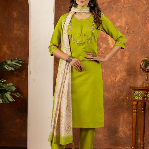 Parrot Green Color Embroidery Thread Work Designer Salwar Suit