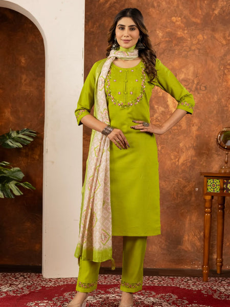 Parrot Green Color Embroidery Thread Work Designer Salwar Suit