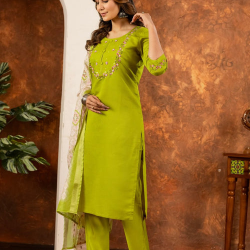 Parrot Green Color Embroidery Thread Work Designer Salwar Suit