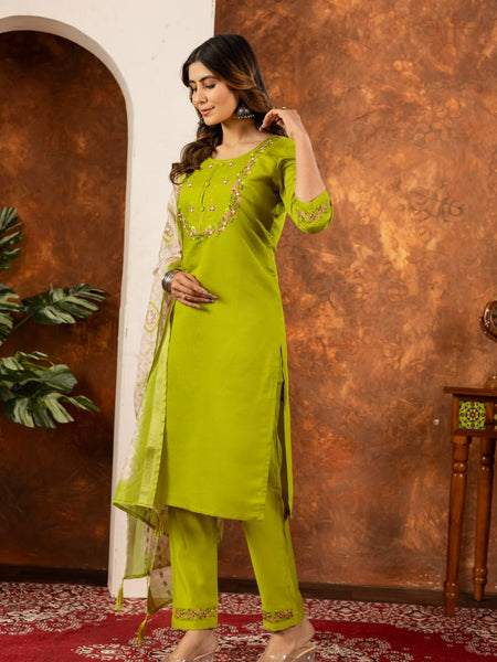 Parrot Green Color Embroidery Thread Work Designer Salwar Suit