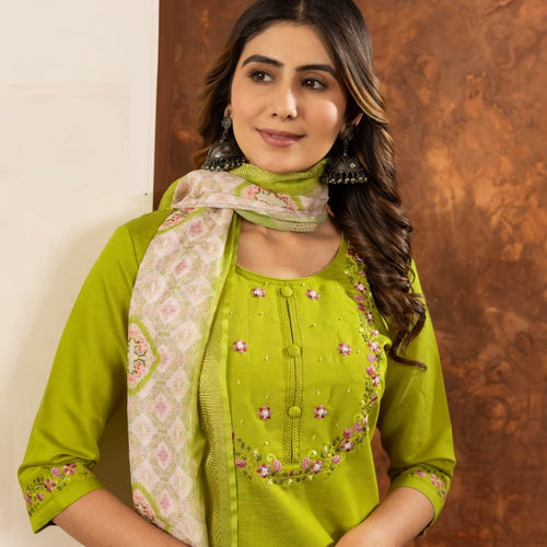 Parrot Green Color Embroidery Thread Work Designer Salwar Suit