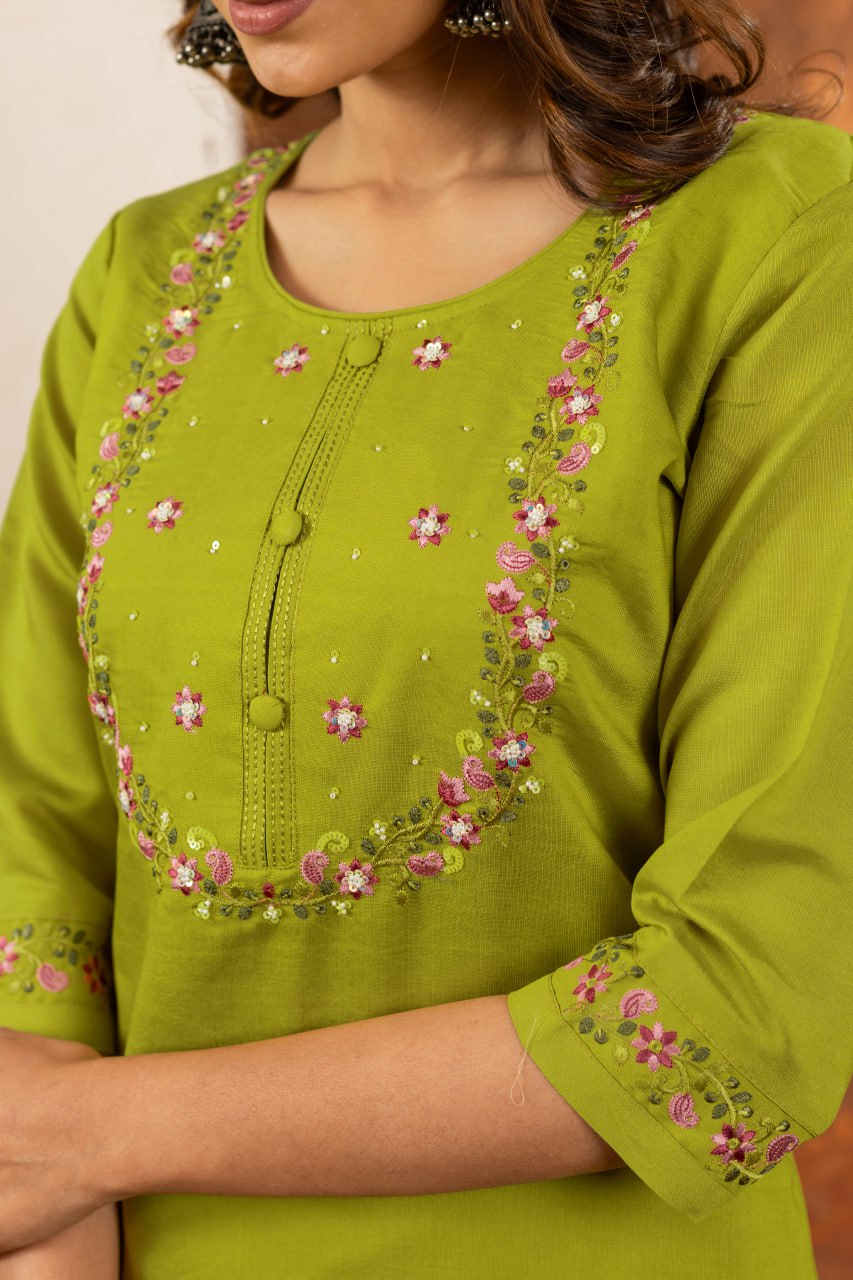 Parrot Green Color Embroidery Thread Work Designer Salwar Suit
