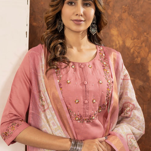 Peach Color Embroidery Thread Work Designer Salwar Suit