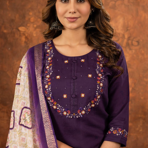 Wine Color Embroidery Thread Work Designer Salwar Suit