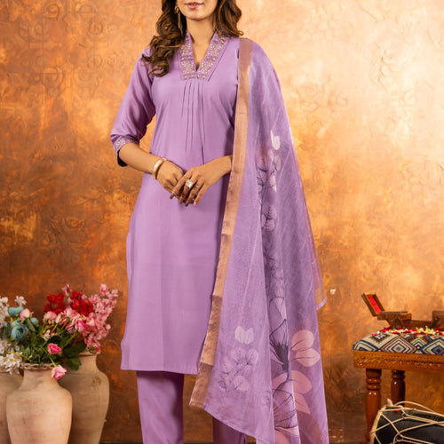 Lavender Color Embroidery Thread Work Designer Salwar Suit