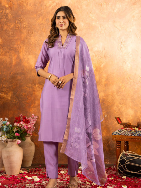 Lavender Color Embroidery Thread Work Designer Salwar Suit