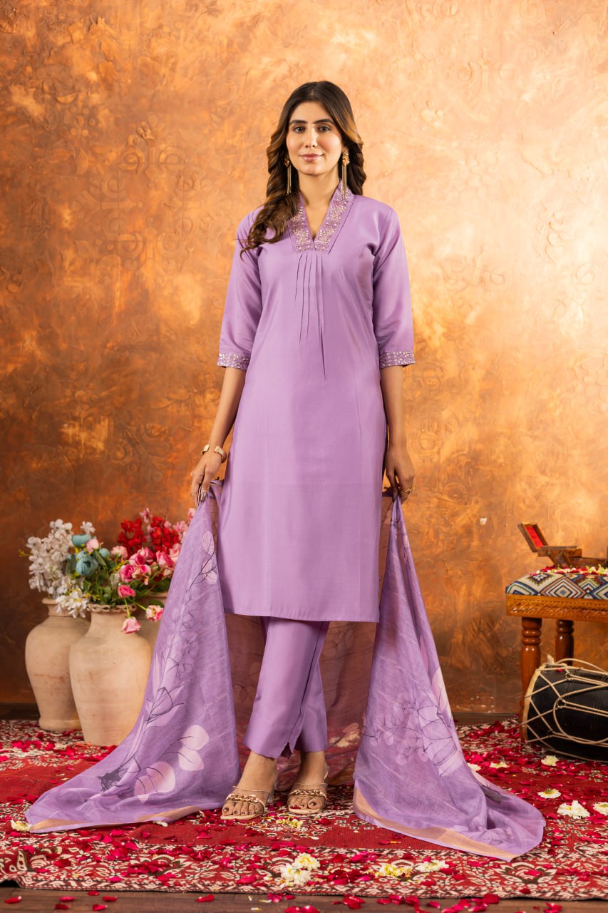 Lavender Color Embroidery Thread Work Designer Salwar Suit