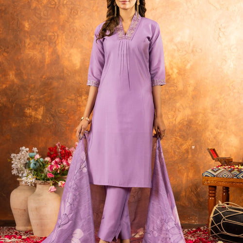Lavender Color Embroidery Thread Work Designer Salwar Suit