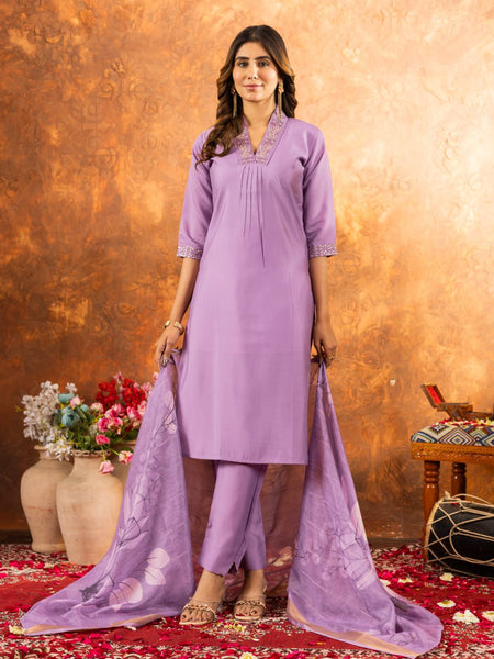 Lavender Color Embroidery Thread Work Designer Salwar Suit