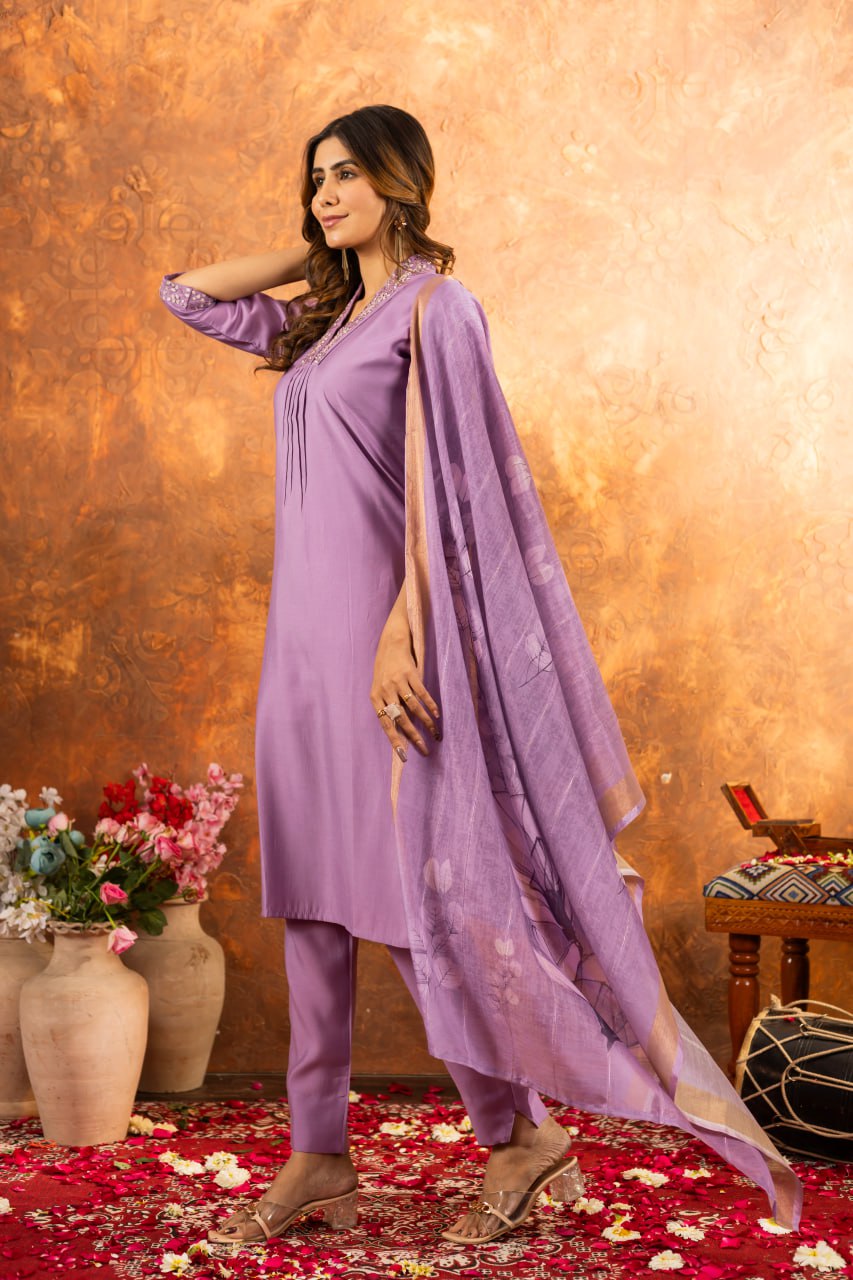 Lavender Color Embroidery Thread Work Designer Salwar Suit