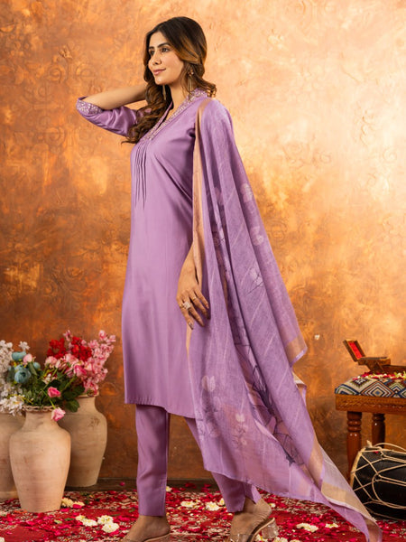 Lavender Color Embroidery Thread Work Designer Salwar Suit