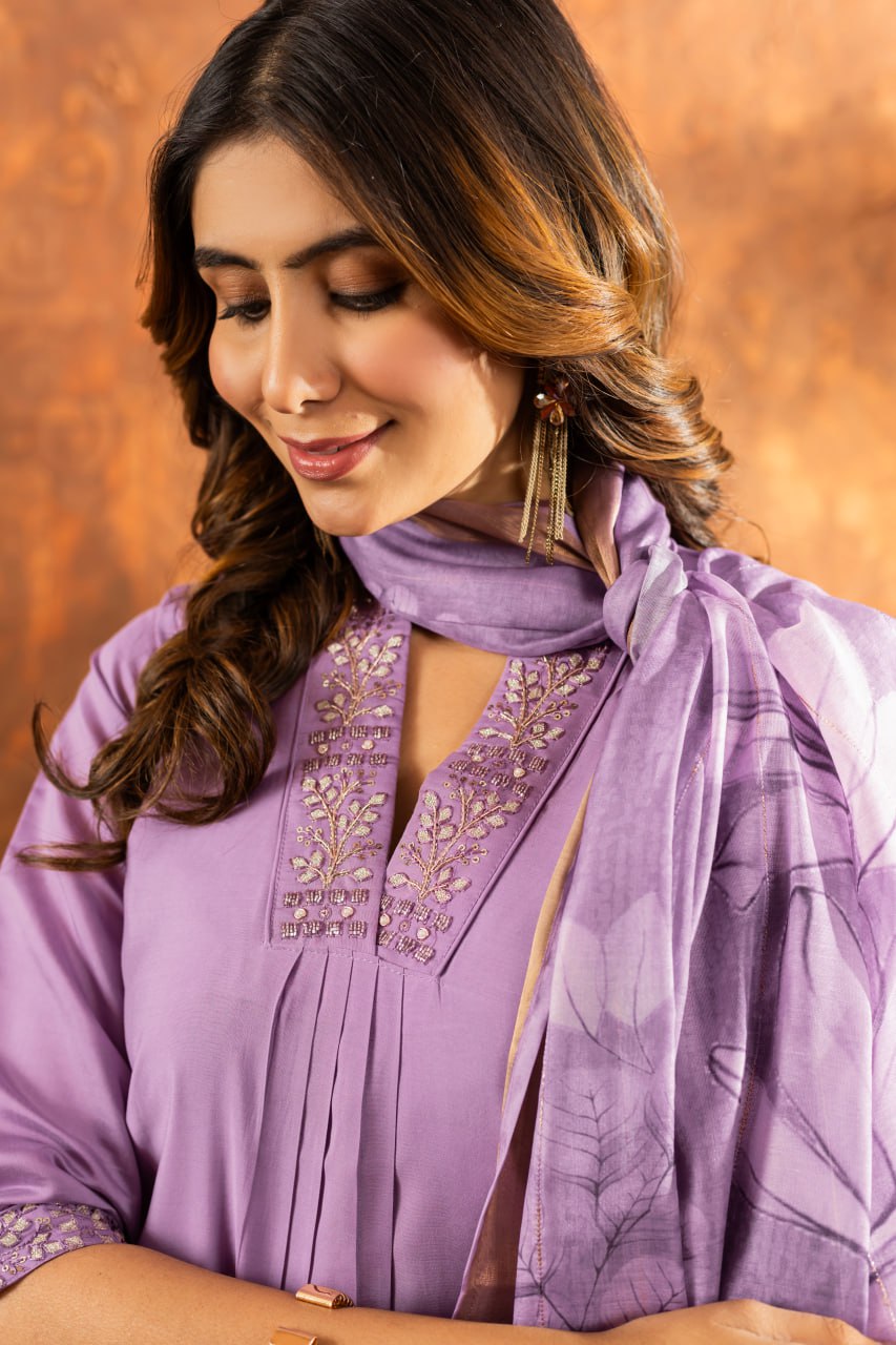 Lavender Color Embroidery Thread Work Designer Salwar Suit