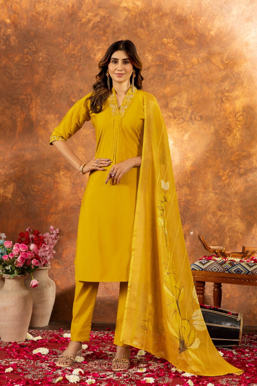 Yellow Color Embroidery Thread Work Designer Salwar Suit
