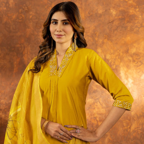 Yellow Color Embroidery Thread Work Designer Salwar Suit