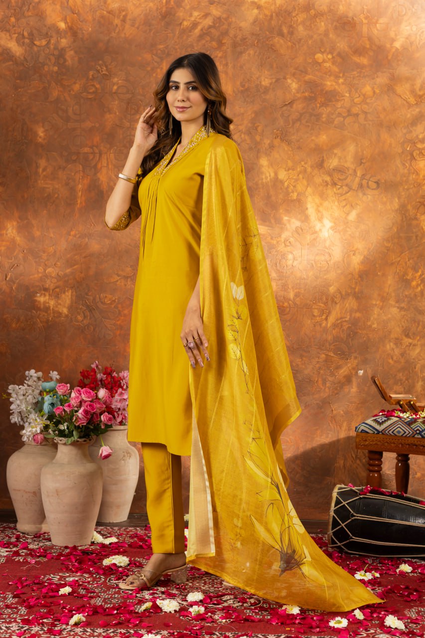 Yellow Color Embroidery Thread Work Designer Salwar Suit