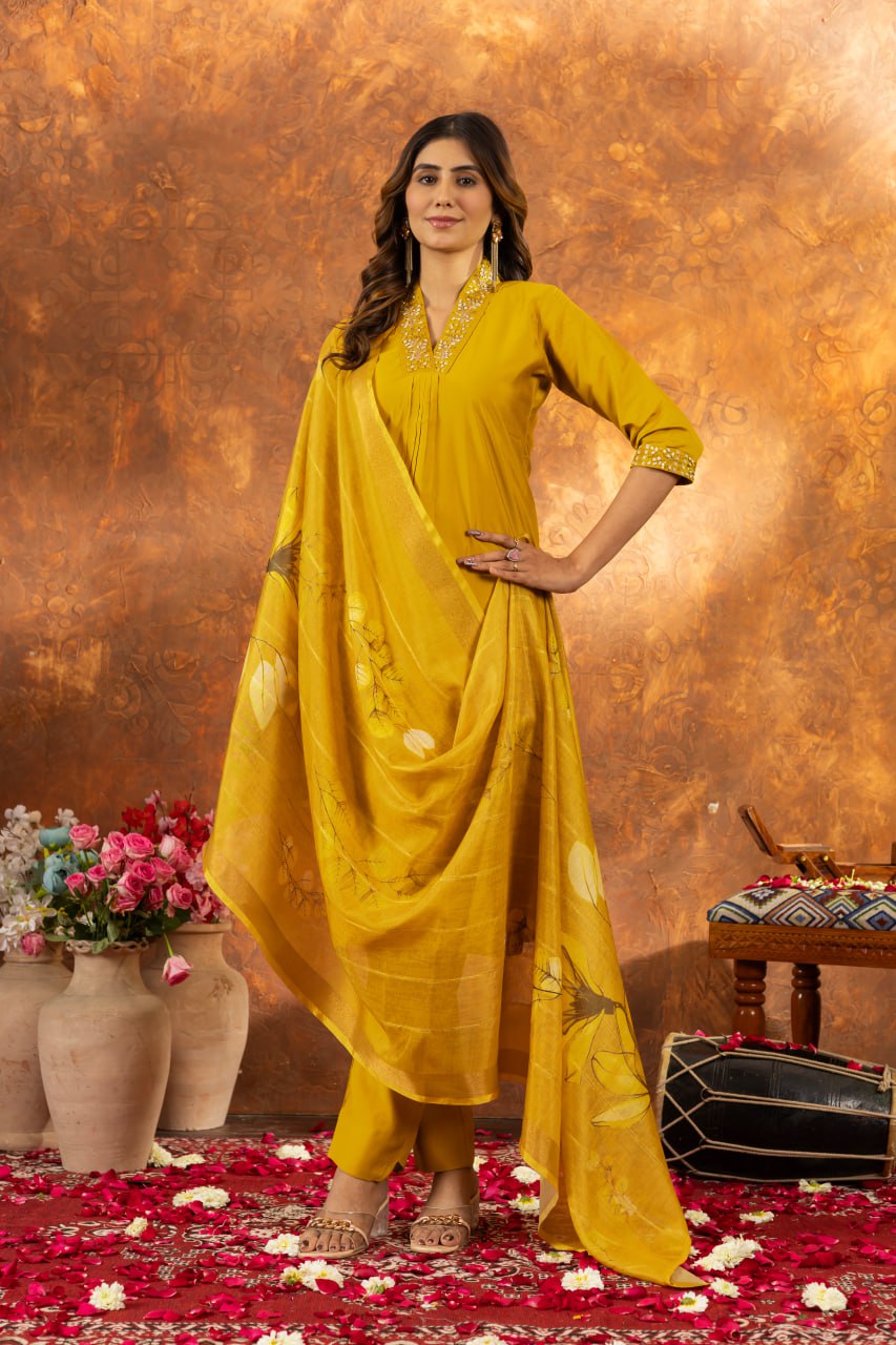 Yellow Color Embroidery Thread Work Designer Salwar Suit