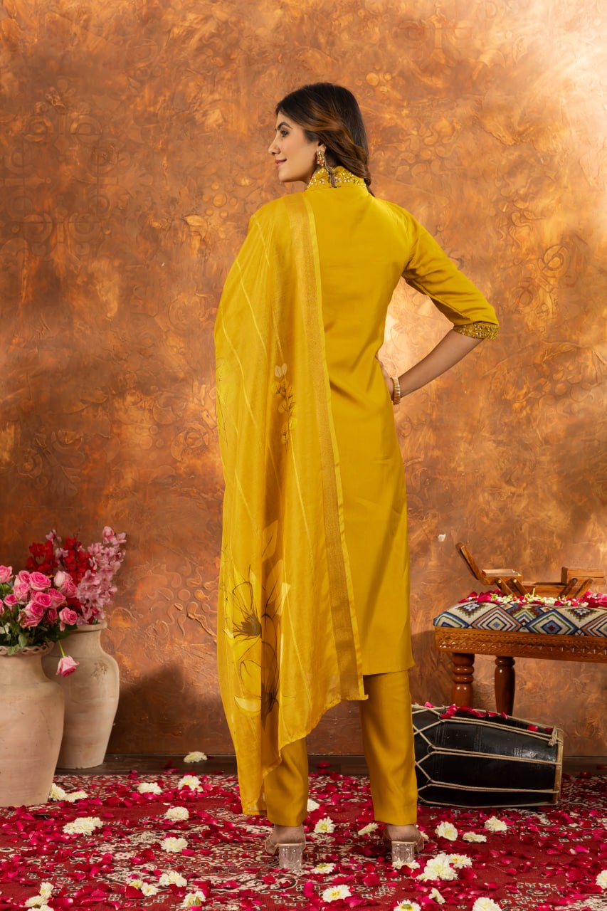 Yellow Color Embroidery Thread Work Designer Salwar Suit