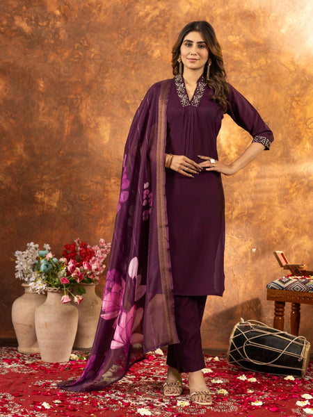 Wine Color Embroidery Thread Work Designer Salwar Suit