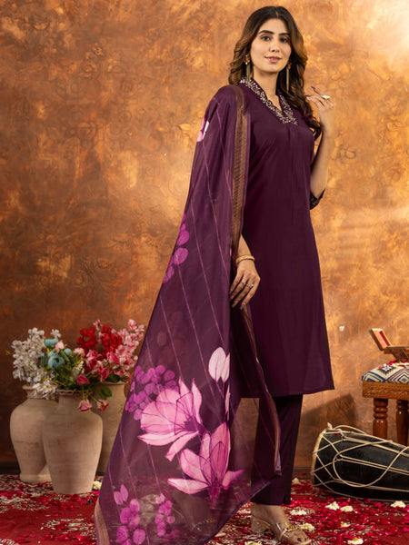 Wine Color Embroidery Thread Work Designer Salwar Suit