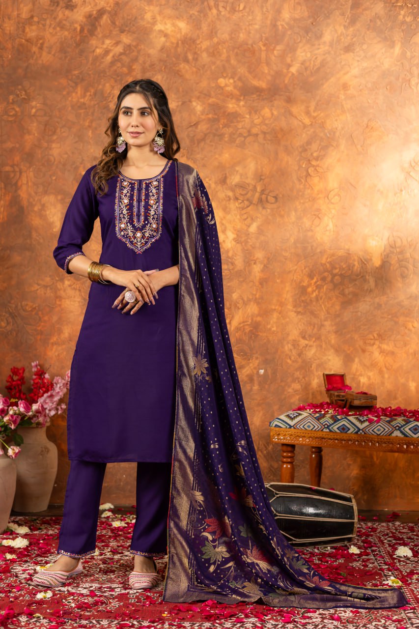 Purple Color Embroidery Thread Work Designer Salwar Suit