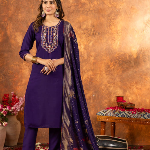 Purple Color Embroidery Thread Work Designer Salwar Suit