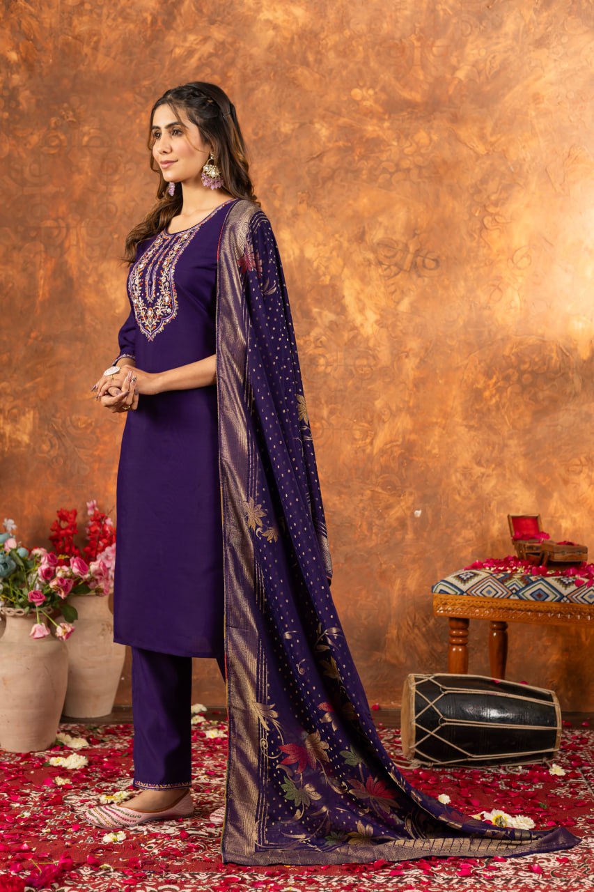 Purple Color Embroidery Thread Work Designer Salwar Suit