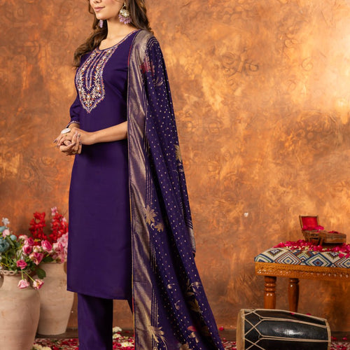 Purple Color Embroidery Thread Work Designer Salwar Suit