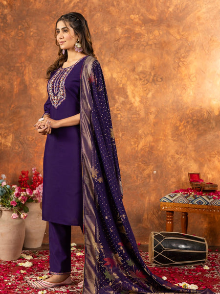 Purple Color Embroidery Thread Work Designer Salwar Suit
