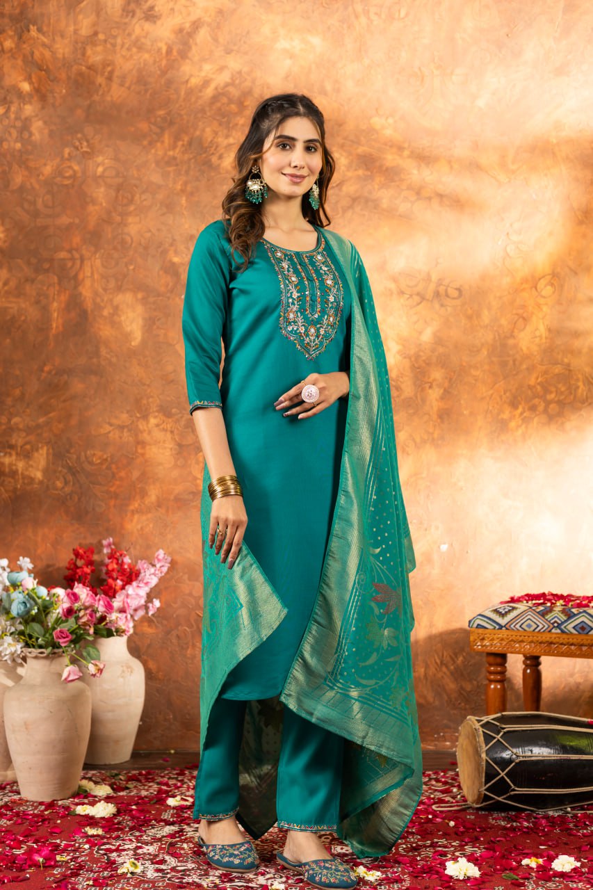 Rama Color Embroidery Thread Work Designer Salwar Suit