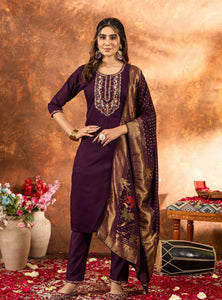 Wine Color Embroidery Thread Work Designer Salwar Suit
