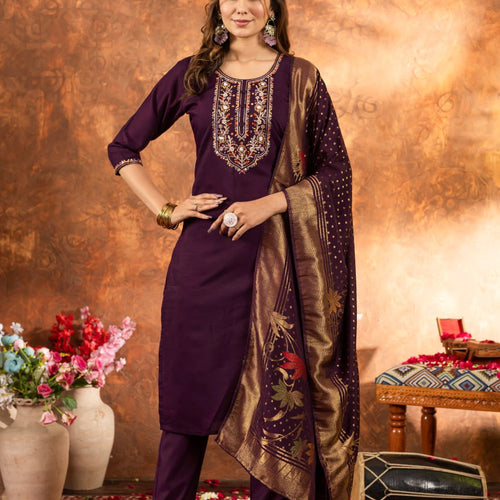 Wine Color Embroidery Thread Work Designer Salwar Suit