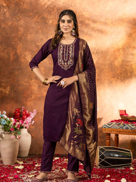 Wine Color Embroidery Thread Work Designer Salwar Suit