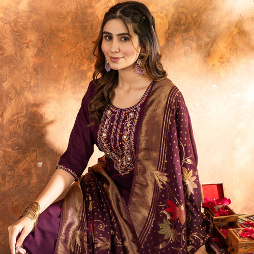 Wine Color Embroidery Thread Work Designer Salwar Suit