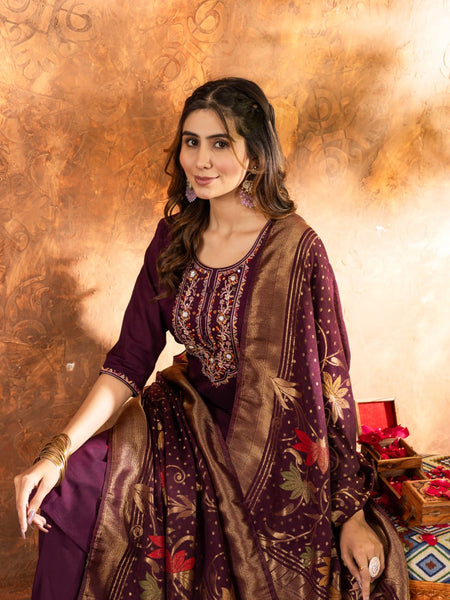 Wine Color Embroidery Thread Work Designer Salwar Suit