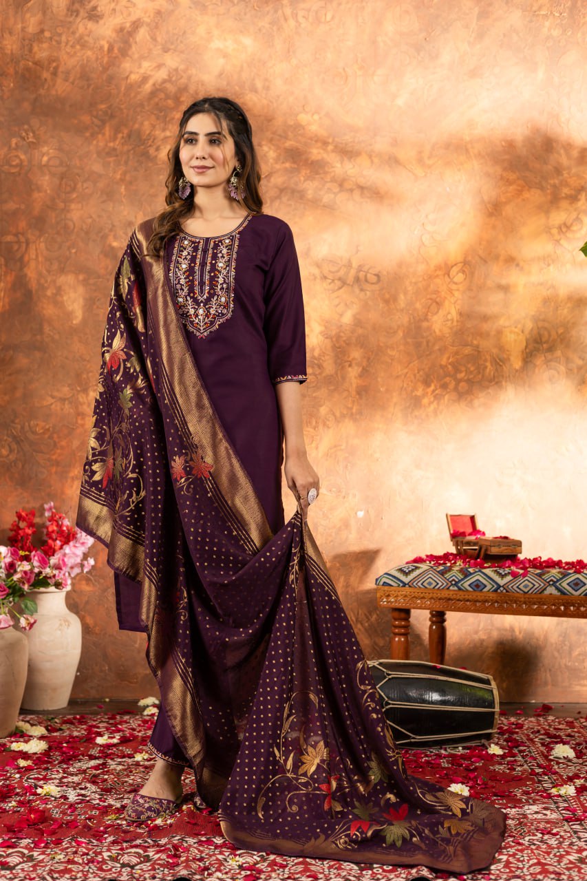Wine Color Embroidery Thread Work Designer Salwar Suit