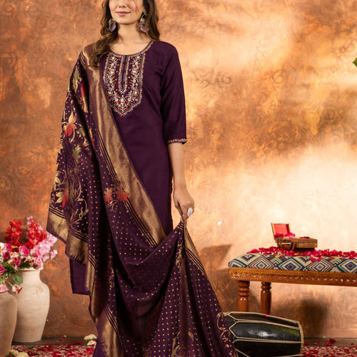 Wine Color Embroidery Thread Work Designer Salwar Suit