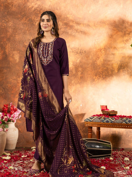 Wine Color Embroidery Thread Work Designer Salwar Suit