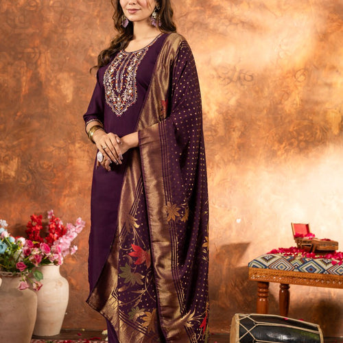 Wine Color Embroidery Thread Work Designer Salwar Suit
