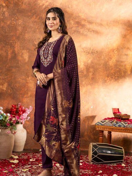 Wine Color Embroidery Thread Work Designer Salwar Suit