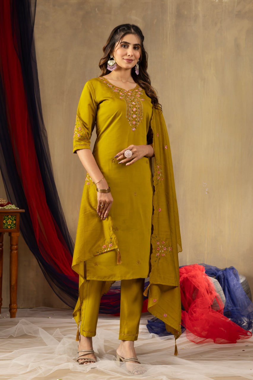 Mustard Color Embroidery Thread Work Designer Salwar Suit