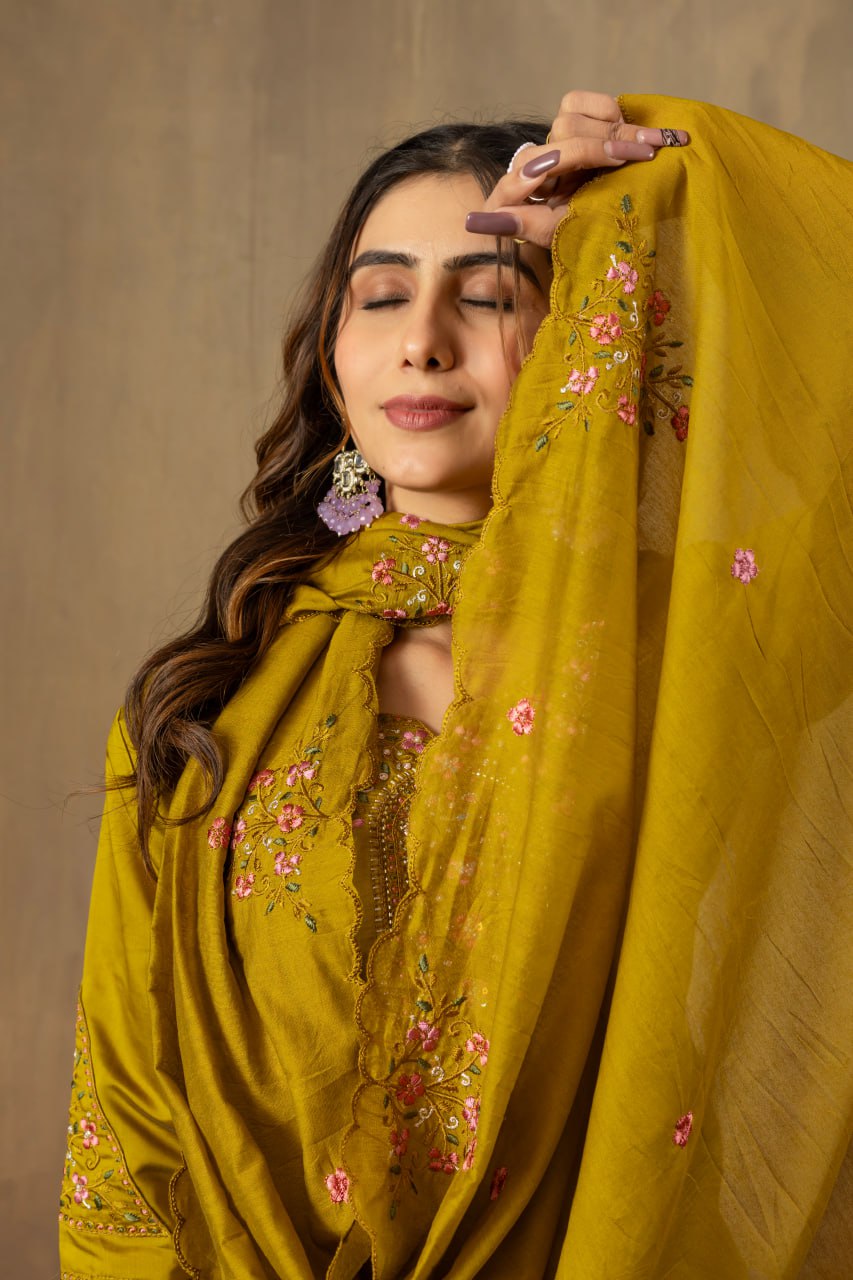 Mustard Color Embroidery Thread Work Designer Salwar Suit