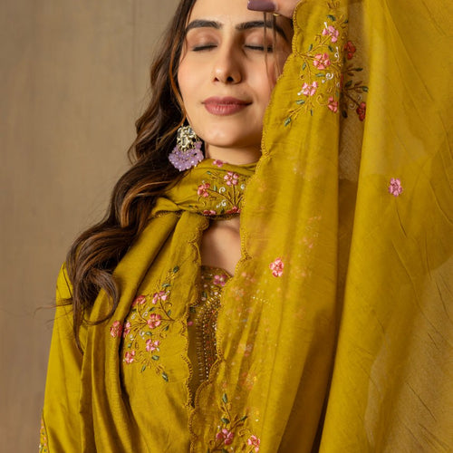 Mustard Color Embroidery Thread Work Designer Salwar Suit