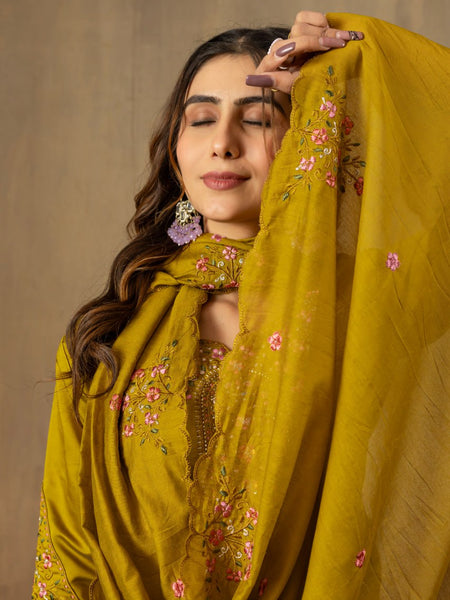 Mustard Color Embroidery Thread Work Designer Salwar Suit