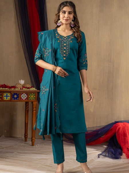 Rama Color Embroidery Thread Work Designer Salwar Suit