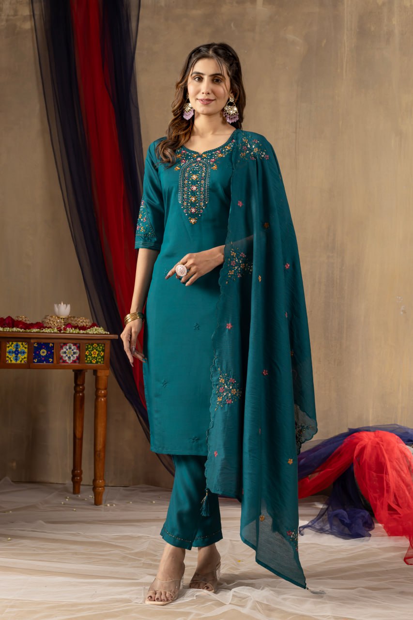 Rama Color Embroidery Thread Work Designer Salwar Suit